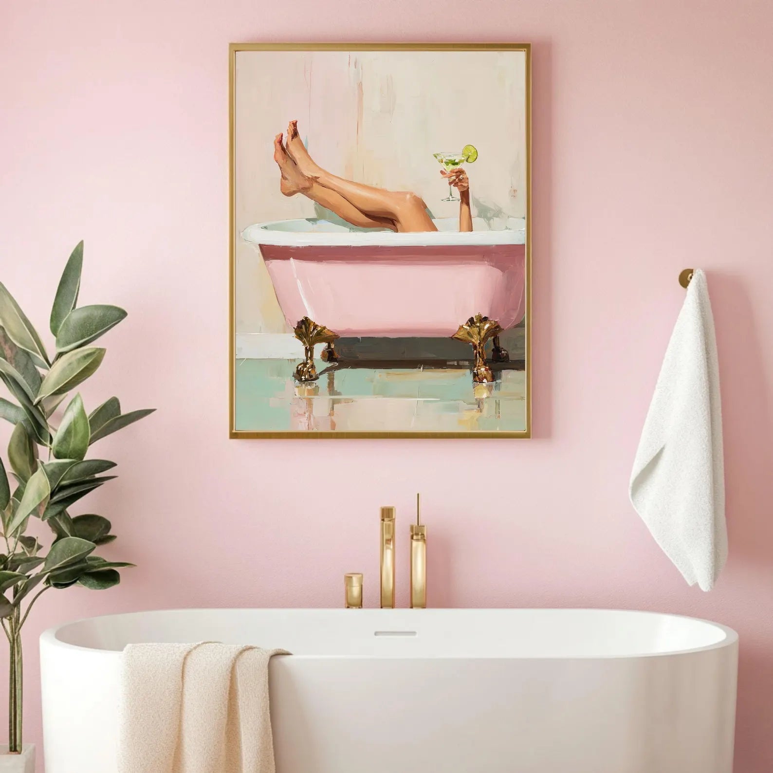 Relaxing Woman in Bathtub Art Print - Pink Tub Digital Wall Art
