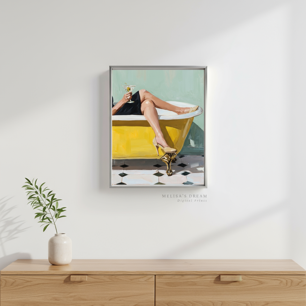 Chic Woman in Bathtub with Cocktail - Modern Art Print Digital Download