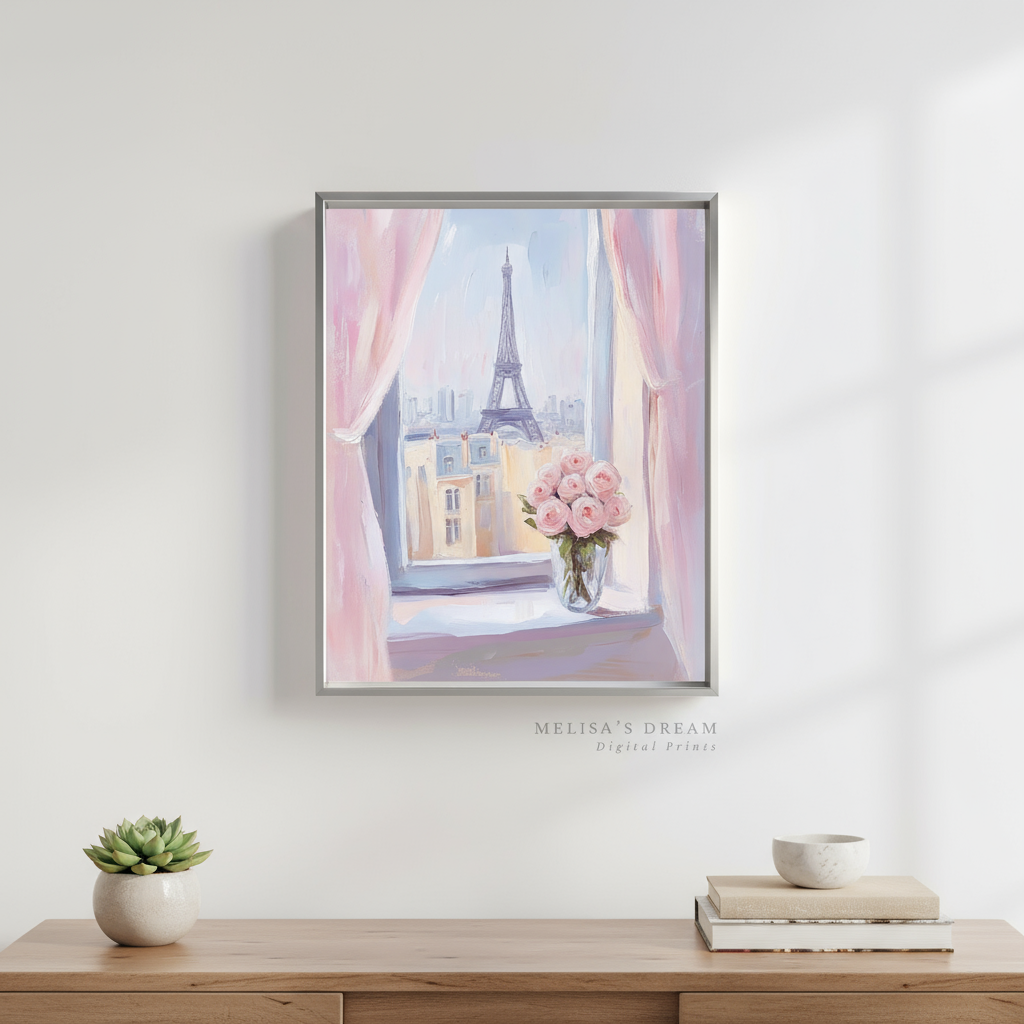Paris View Art Print with Eiffel Tower and Pink Roses - Digital Download