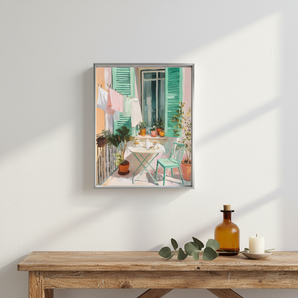Cozy Balcony Art Print Digital File – Vintage Coffee Scene with Plants