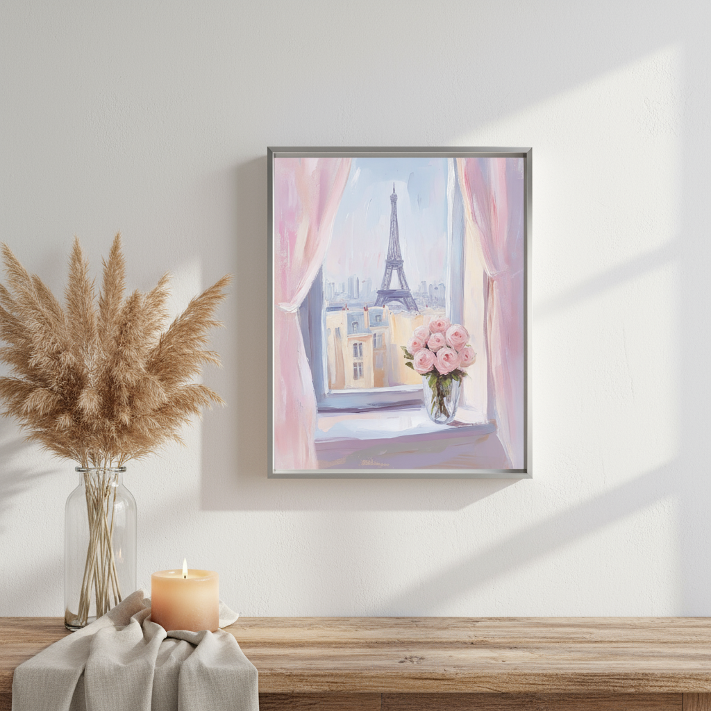 Paris View Art Print with Eiffel Tower and Pink Roses - Digital Download