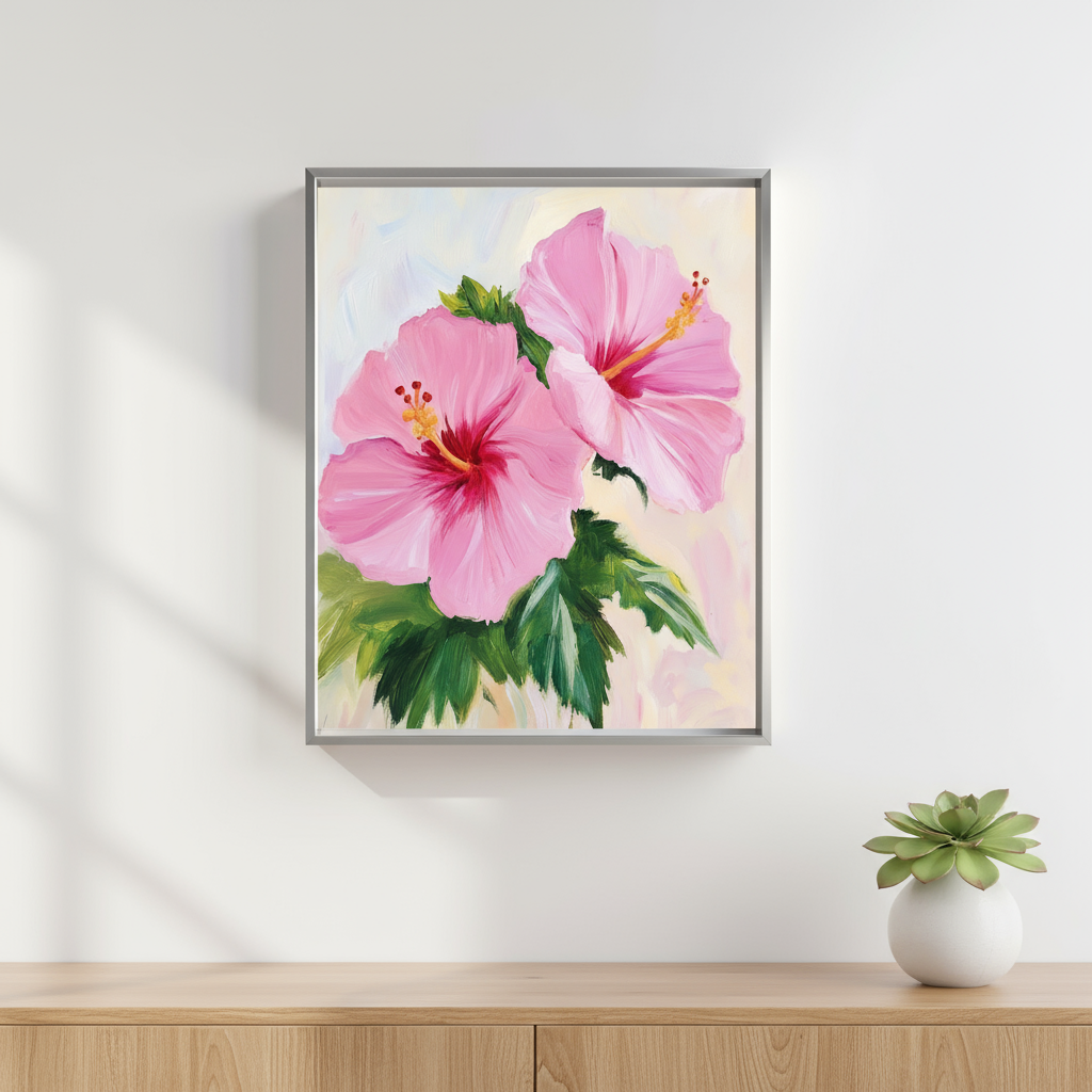 Pink Hibiscus Flower Wall Art Print - Botanical Digital Download
