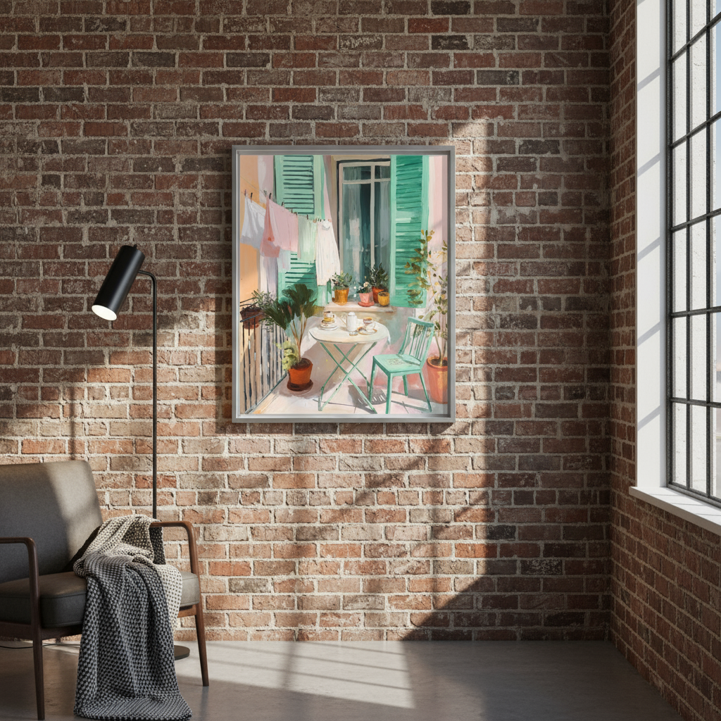 Cozy Balcony Art Print Digital File – Vintage Coffee Scene with Plants