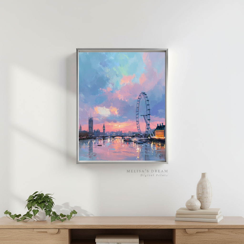 London Eye Sunset Digital Art Print – Instant Download Wall Art