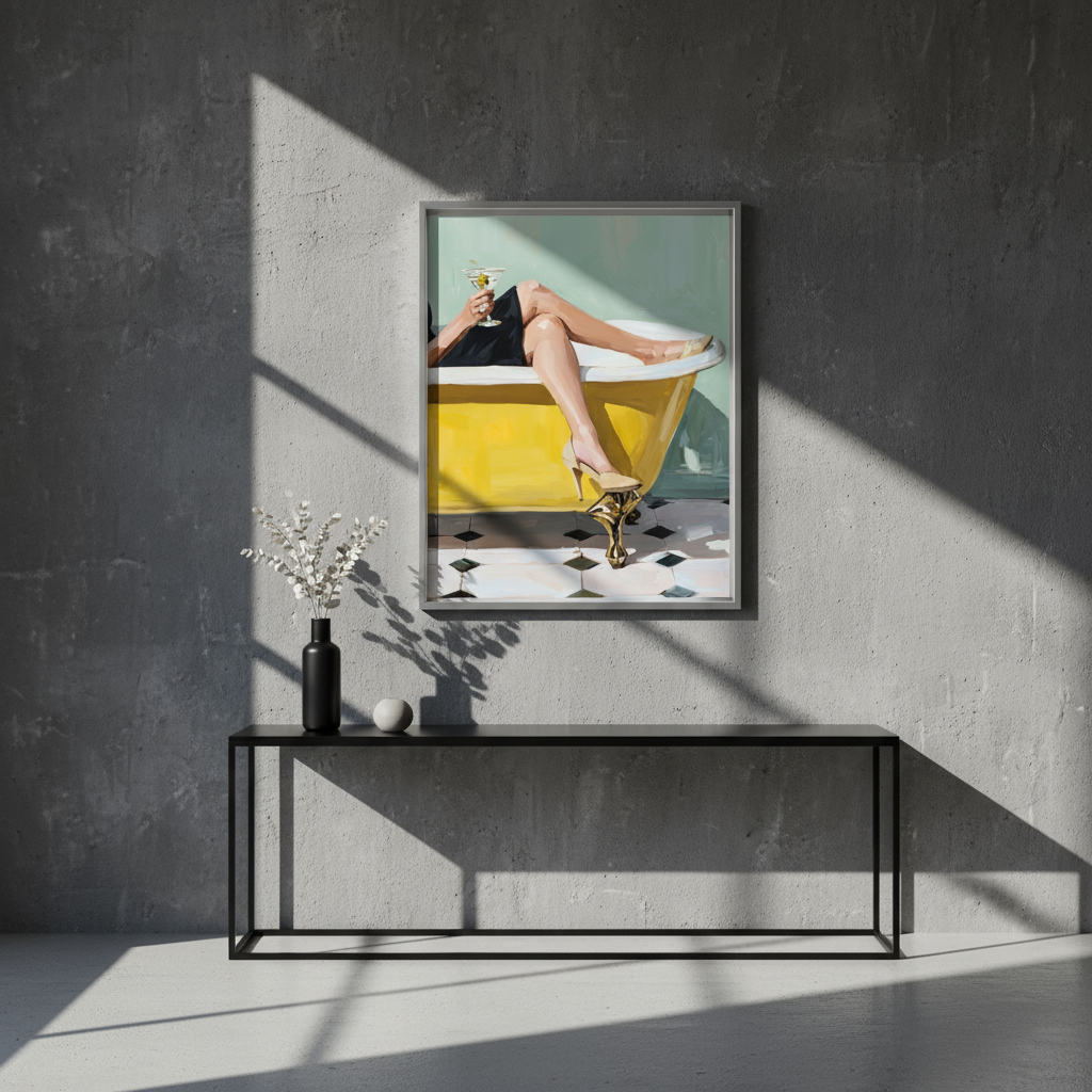 Chic Woman in Bathtub with Cocktail - Modern Art Print Digital Download