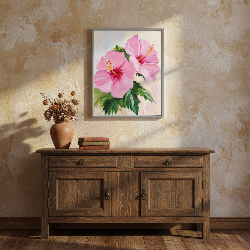 Pink Hibiscus Flower Wall Art Print - Botanical Digital Download