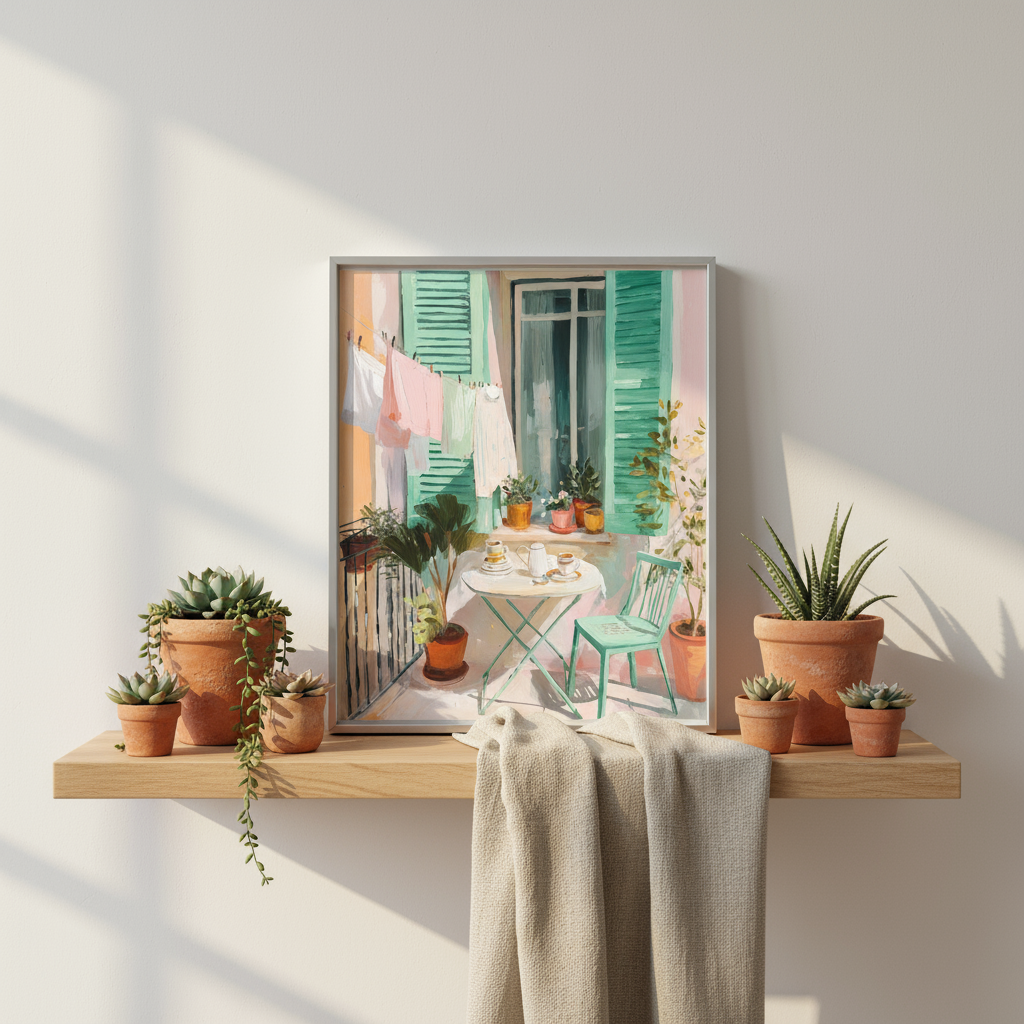 Cozy Balcony Art Print Digital File – Vintage Coffee Scene with Plants