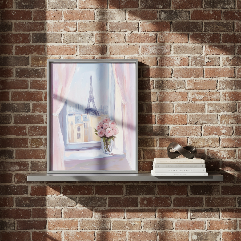 Paris View Art Print with Eiffel Tower and Pink Roses - Digital Download