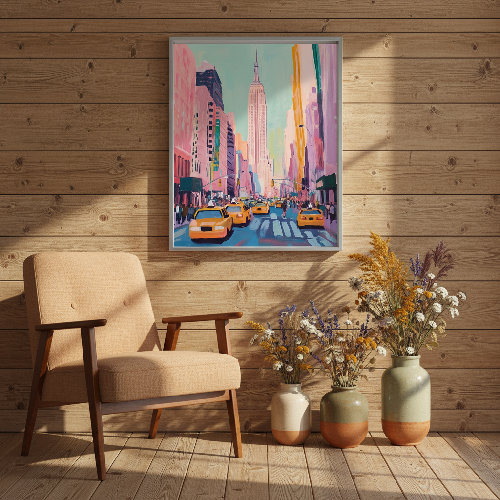Colorful NYC Street Scene Digital Art Print - Empire State Building