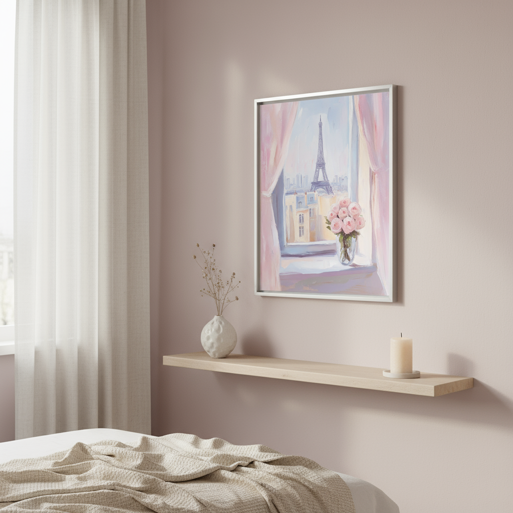 Paris View Art Print with Eiffel Tower and Pink Roses - Digital Download
