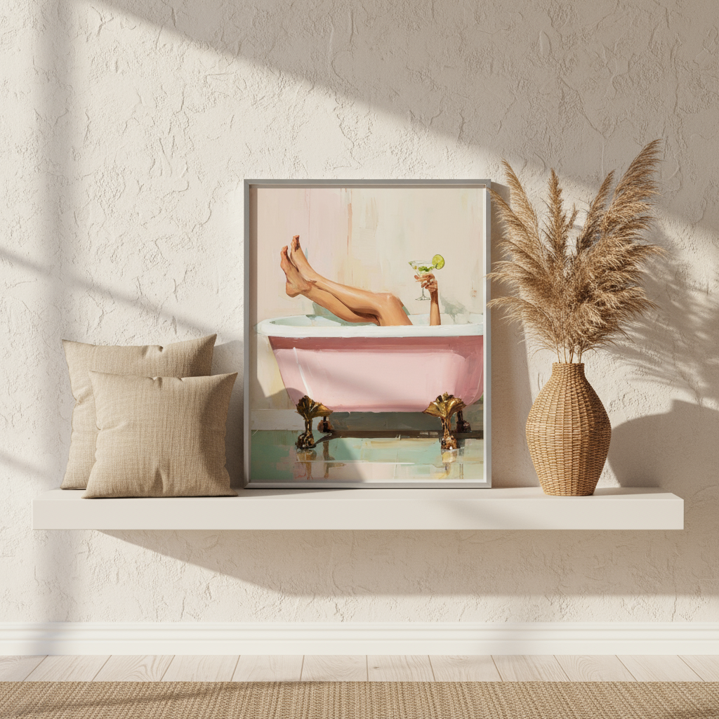 Relaxing Woman in Bathtub Art Print - Pink Tub Digital Wall Art