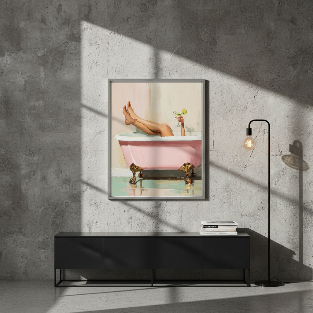 Relaxing Woman in Bathtub Art Print - Pink Tub Digital Wall Art