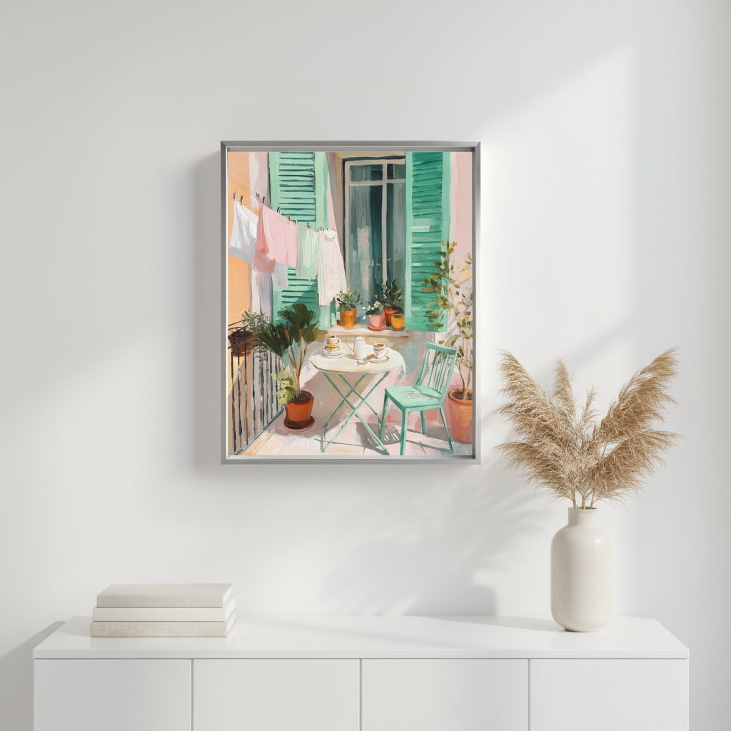 Cozy Balcony Art Print Digital File – Vintage Coffee Scene with Plants